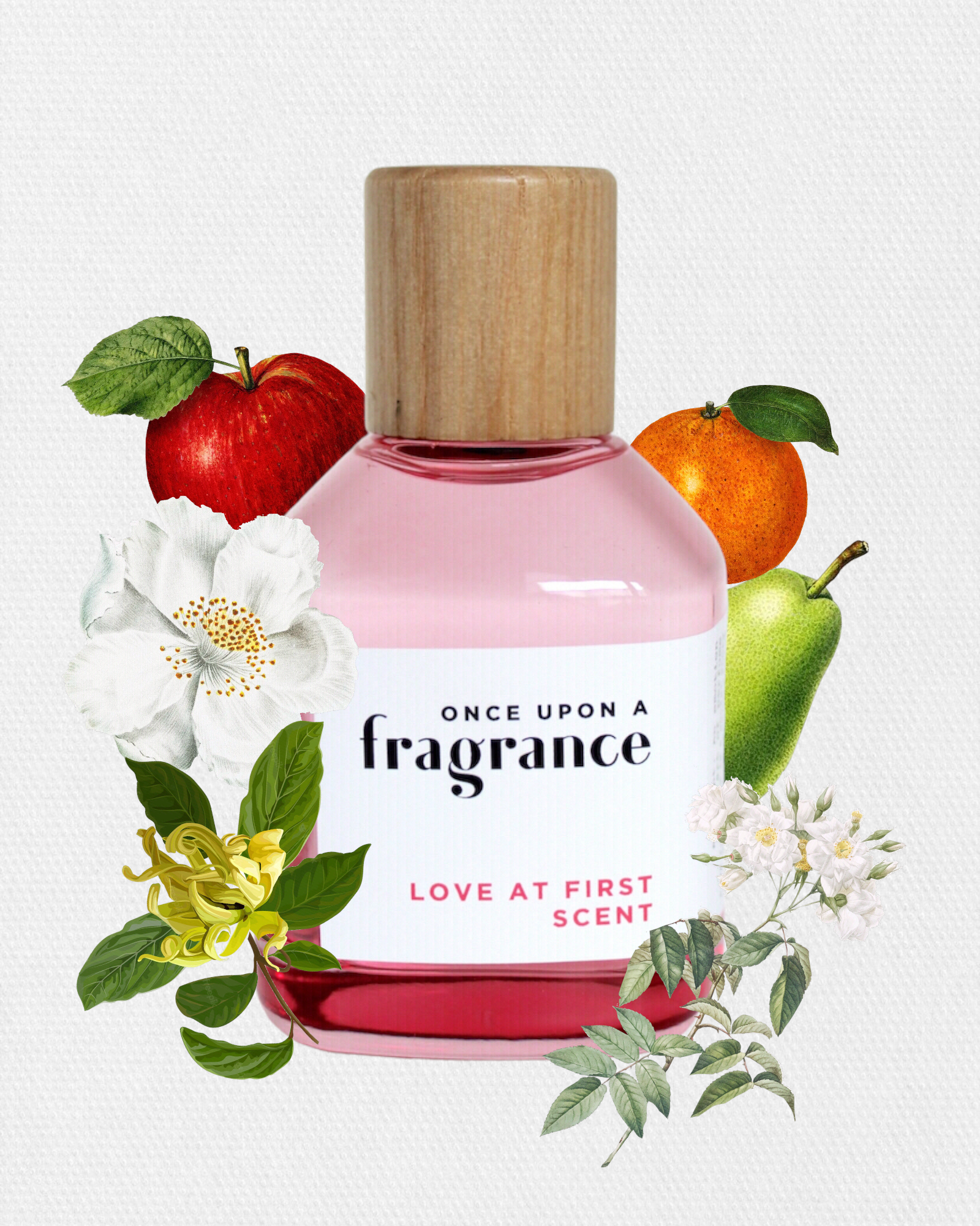 LOVE AT FIRST SCENT fragrance bottle by Once Upon a Fragrance surrounded by ingredients, showcasing premium, long-lasting French perfume with fruity and floral notes."