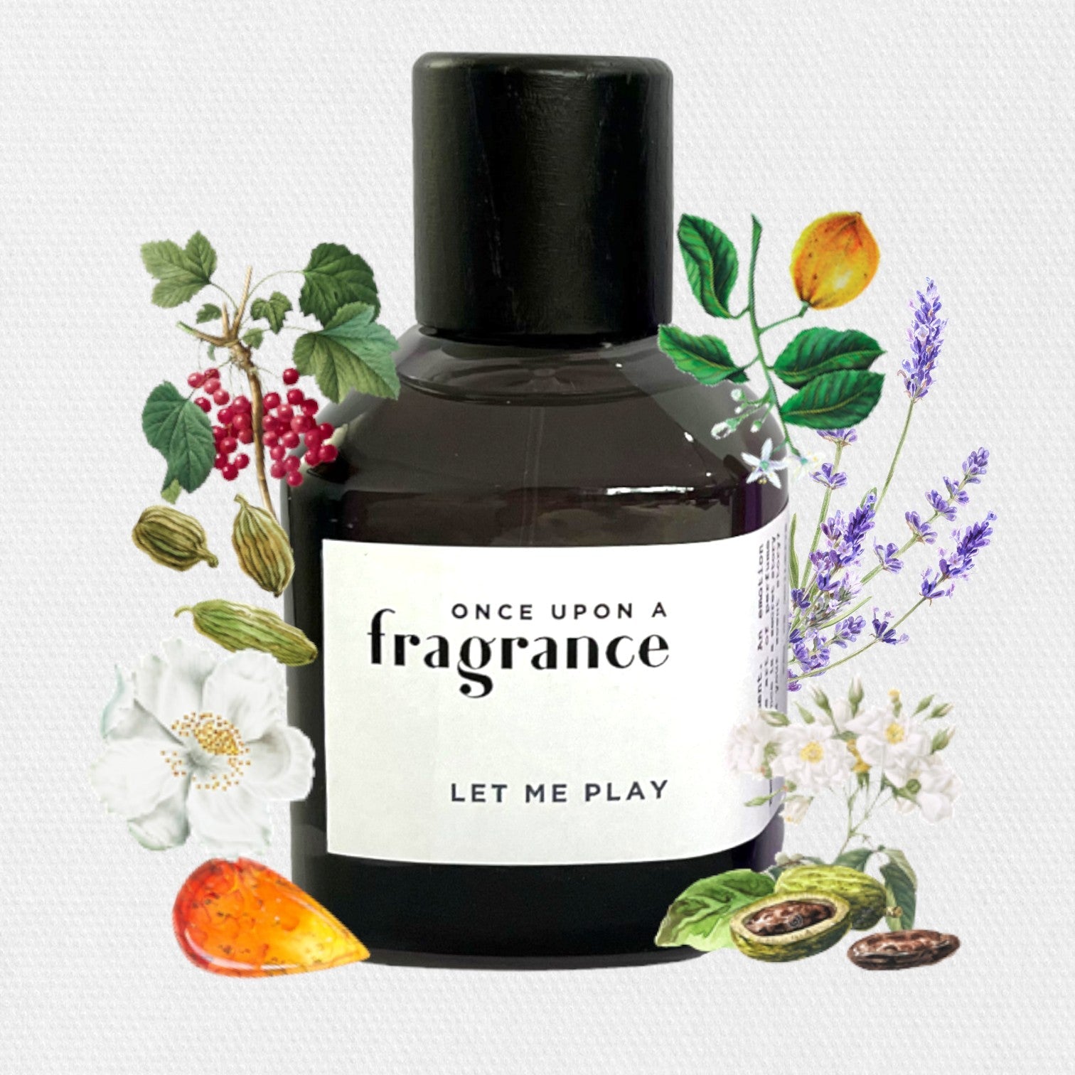 Let Me Play fragrance bottle by Once Upon a Fragrance surrounded by ingredients, highlighting premium French perfume with floral, amber, and woody notes
