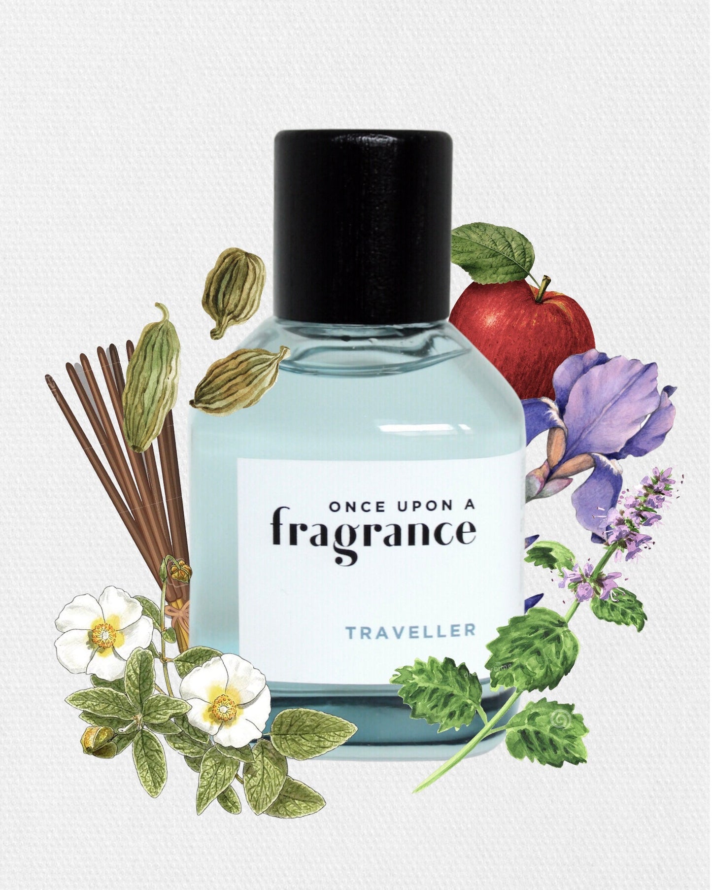 TRAVELLER fragrance bottle by Once Upon a Fragrance surrounded by ingredients, highlighting a premium, long-lasting French perfume with exotic spices, apple, iris, and woody notes.