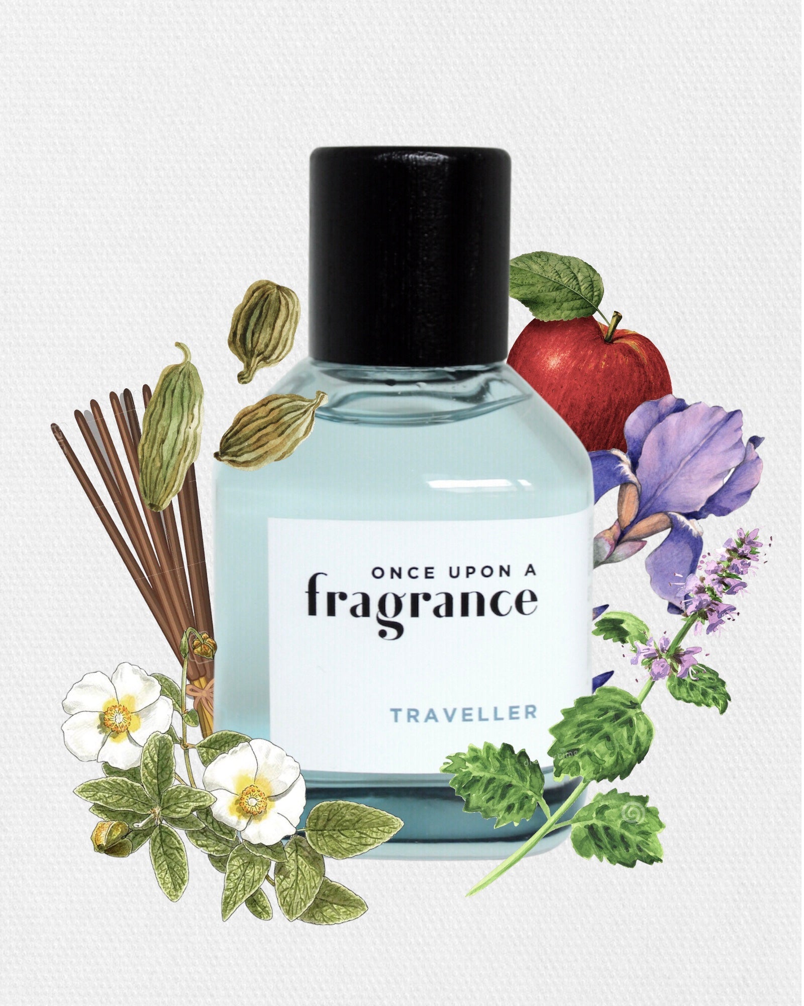 TRAVELLER fragrance bottle by Once Upon a Fragrance surrounded by ingredients, highlighting a premium, long-lasting French perfume with exotic spices, apple, iris, and woody notes.