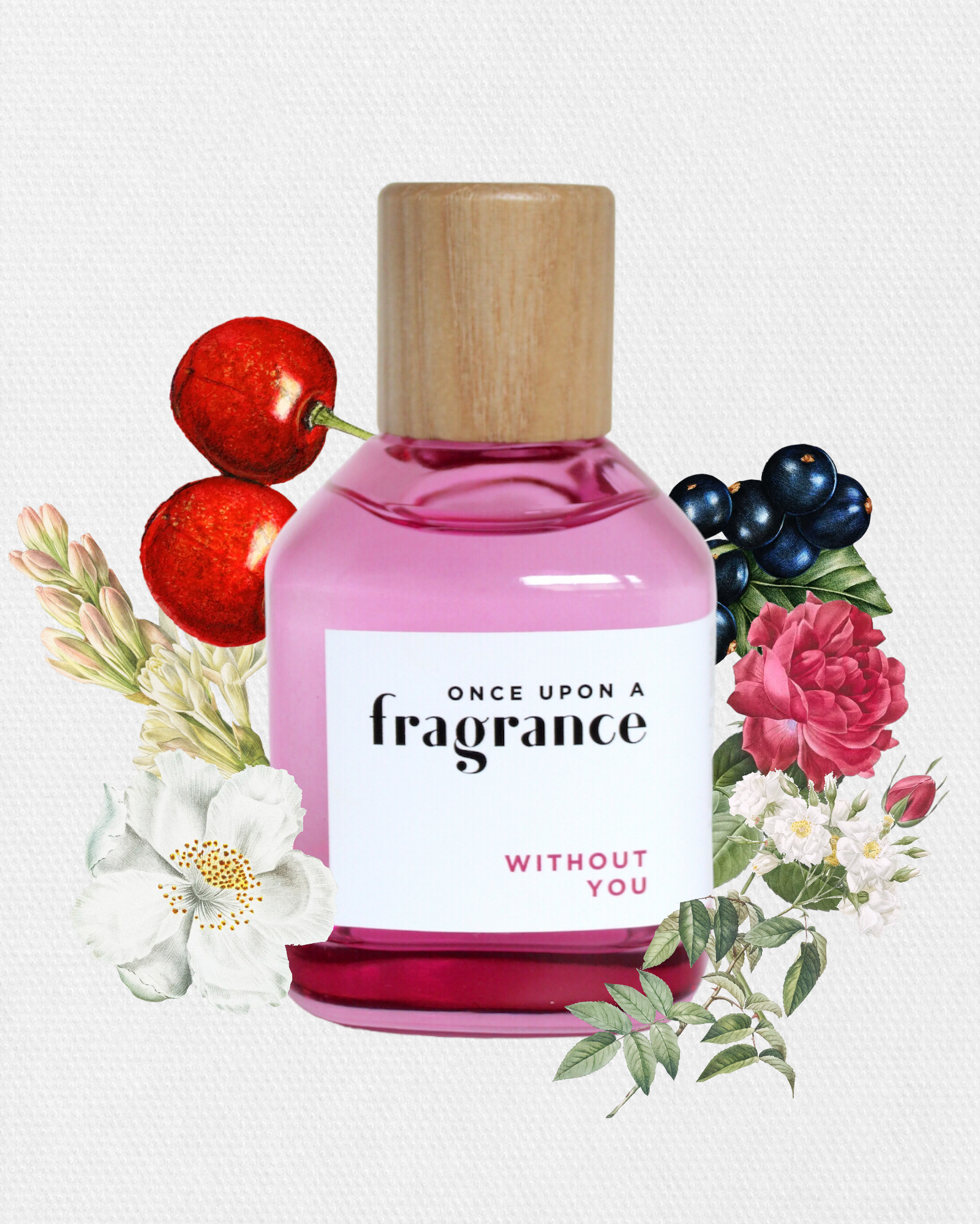 WITHOUT YOU fragrance bottle by Once Upon a Fragrance surrounded by ingredients, showcasing a premium, long-lasting French perfume with cherry, floral, almond, and amber-musk notes